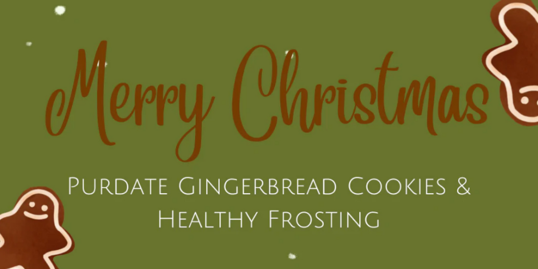 Merry Christmas graphic. Date sugar gingerbread cookies with healthy frosting. Gingerbread men and snowflakes.