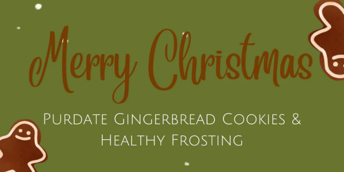 Merry Christmas graphic. Date sugar gingerbread cookies with healthy frosting. Gingerbread men and snowflakes.